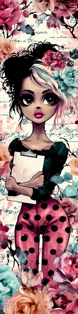 Free teacher bookmark featuring a teacher with pretty writing and polka dot pants